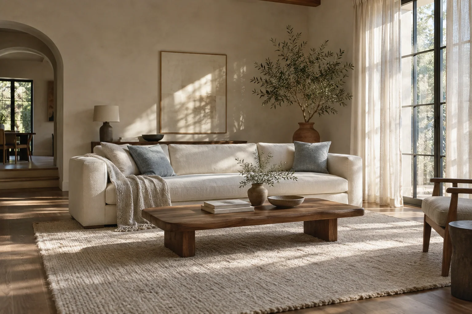 A sunlit living room with an ivory linen sofa and a soft wool rug