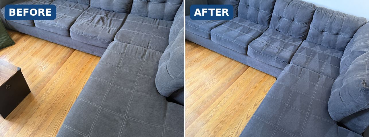 Grey quilted sectional sofa before and after upholstery cleaning in Passaic County NJ