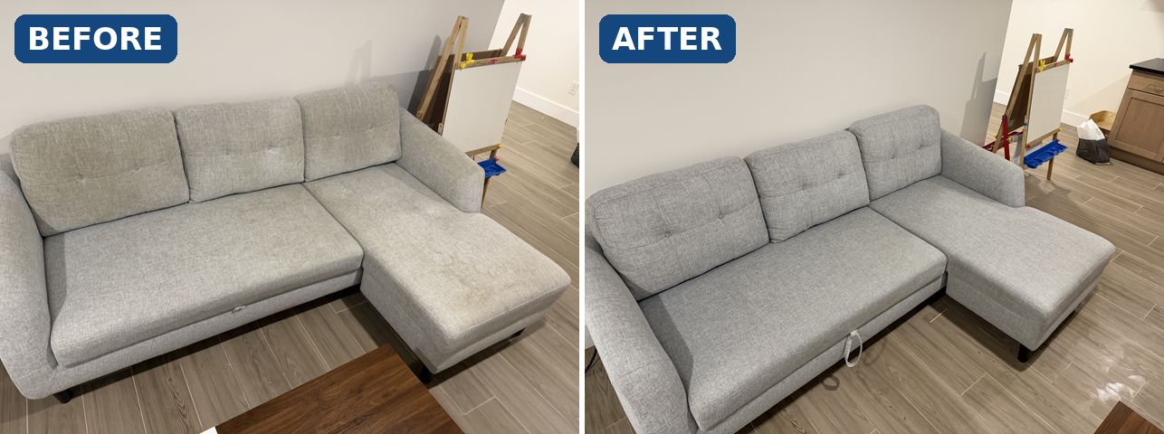 Light grey chaise sectional before and after sofa cleaning in Essex County NJ