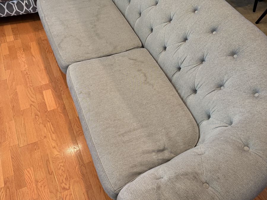 Tufted fabric sofa before hot water extraction cleaning in Ridgewood NJ