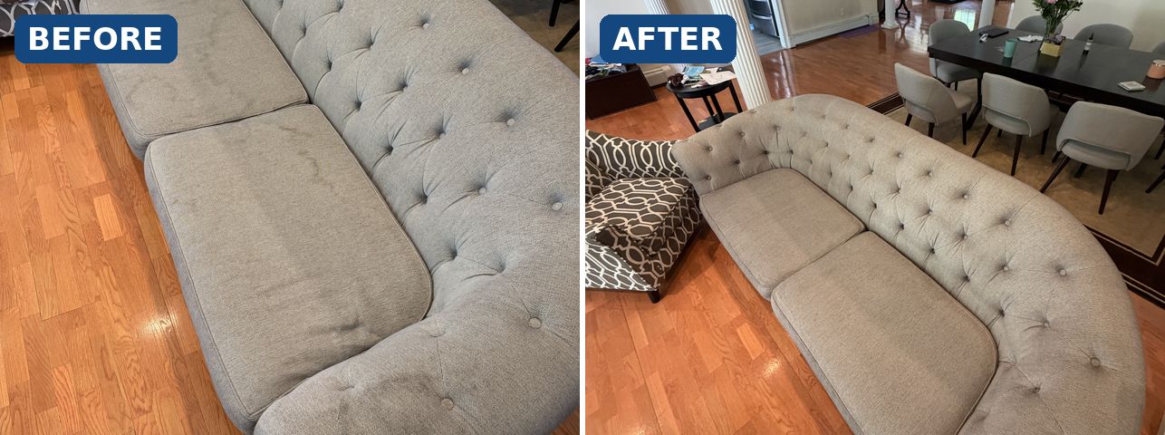 Tufted fabric sofa before and after hot water extraction cleaning in Ridgewood NJ
